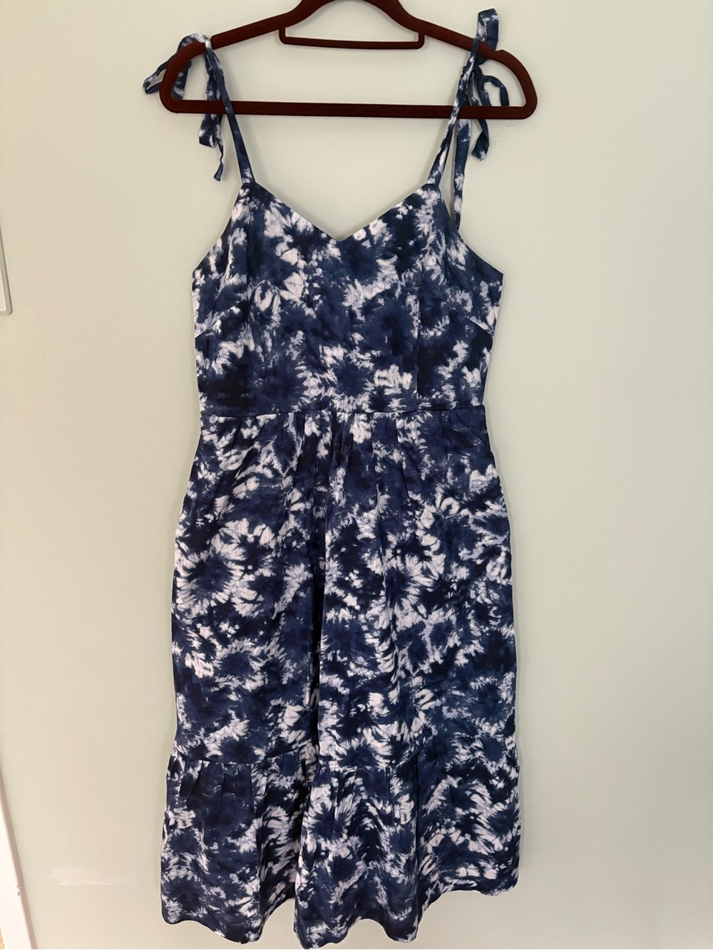 Gap Navy and White Tie-Dye Midi Dress with Adjustable Shoulder Ties